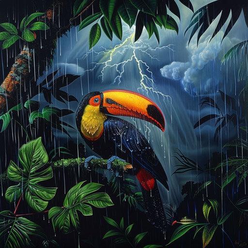 Toco toucan in dramatic thunderstorm