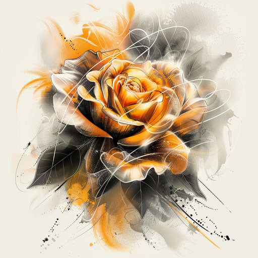 Dynamic tattoo sketch of an amber rose in motion