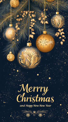 Dark blue background with golden decorations and glittering snowflakes