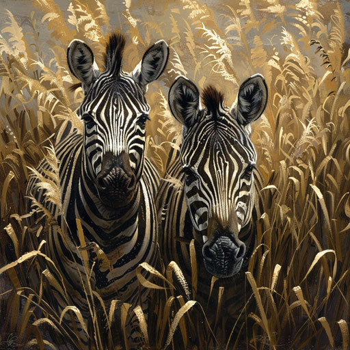 Zebras emerging from tall grass, detailed and lifelike