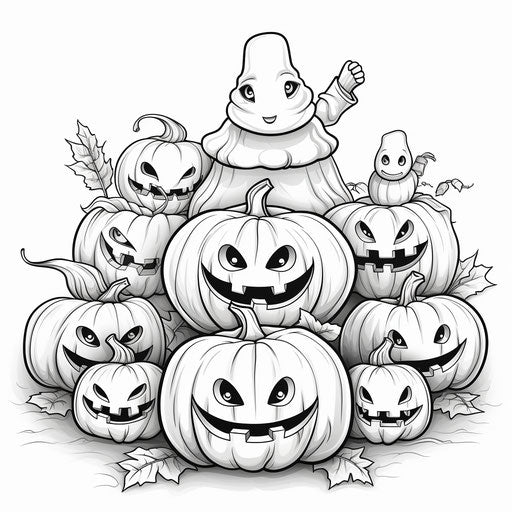 Halloween pumpkin coloring with pumpkins in costume, monochrome ink
