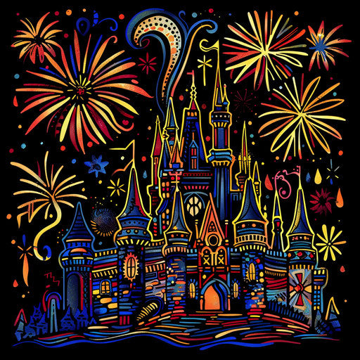 Colorful fireworks castle sketch
