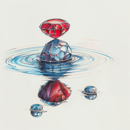 Blue and red reflections on calm water with a ruby