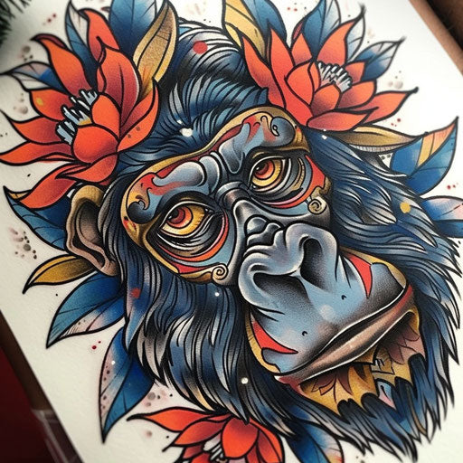 Neo-traditional gorilla tattoo with bold colors and patterns