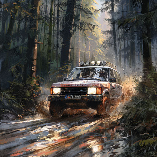Modified Range Rover in forest dirt rally race