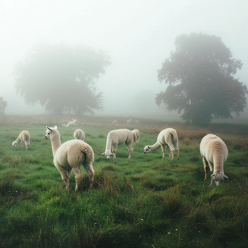 Morning grazing for alpacas in the mist