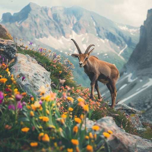 Young ibex playing among alpine flowers