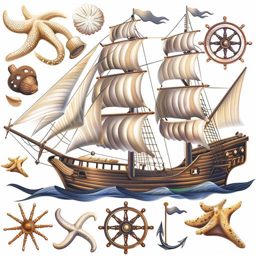 Realistic nautical clipart on a flat white background, vibrant hues and intricate patterns