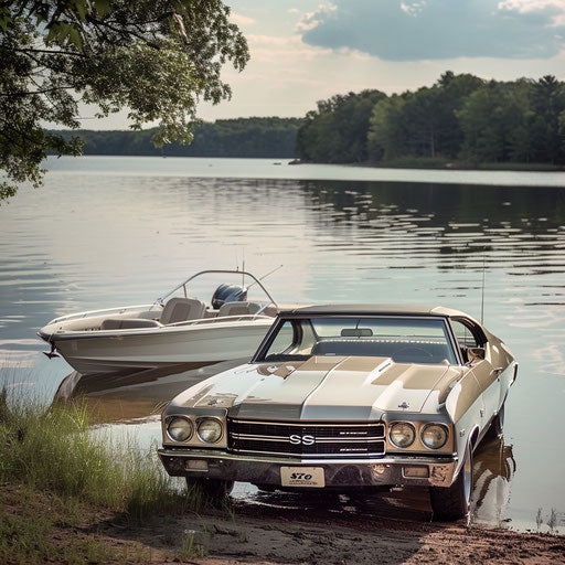 Chevrolet Chevelle SS 1969 towing a matching vintage speedboat, ready for a weekend at the lake.