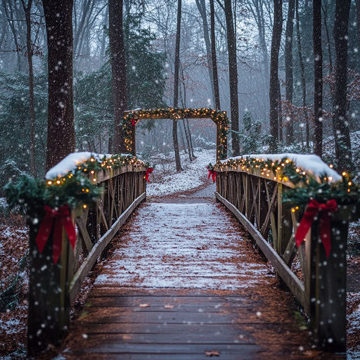 Wooden bridge in the forest, decorated with white lights and red bows, fresh snow falling around