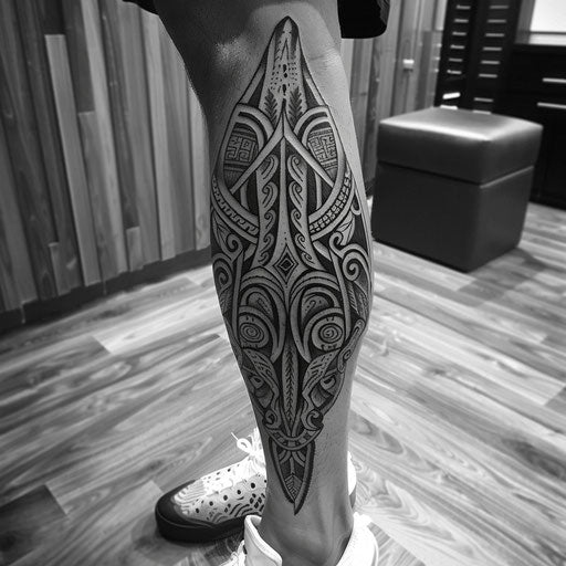 Tribal leg tattoo in the style of Adrian Smith