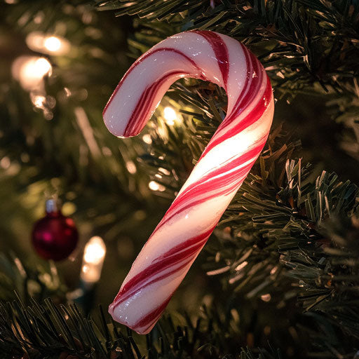Striped red and white candy cane under the Christmas tree