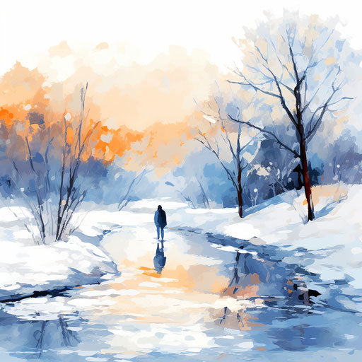 Winter illustration in the style of Impressionistic Art, on white background