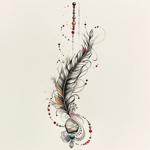 Bohemian flat tattoo sketch of a feather and rock balance