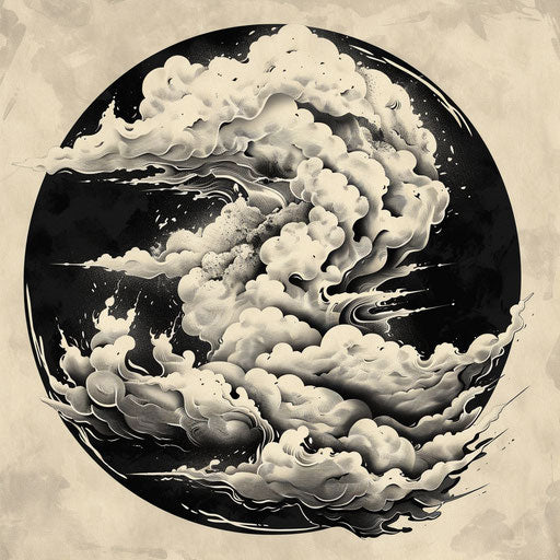 Ethereal clipart style flat tattoo sketch of a storm with airy, ghost-like clouds and subtle shadings