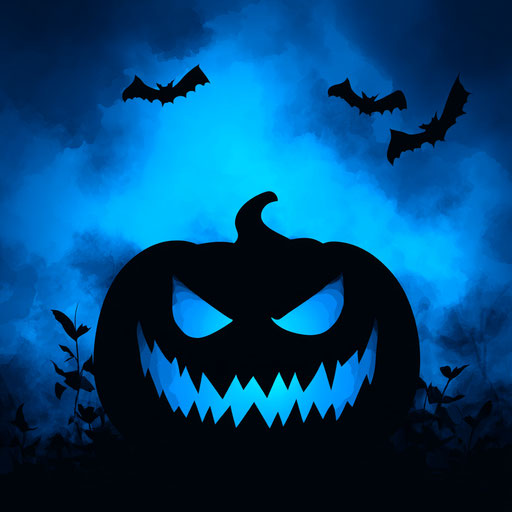 Blue Panel: Glowing Pumpkin and Bats in the Night