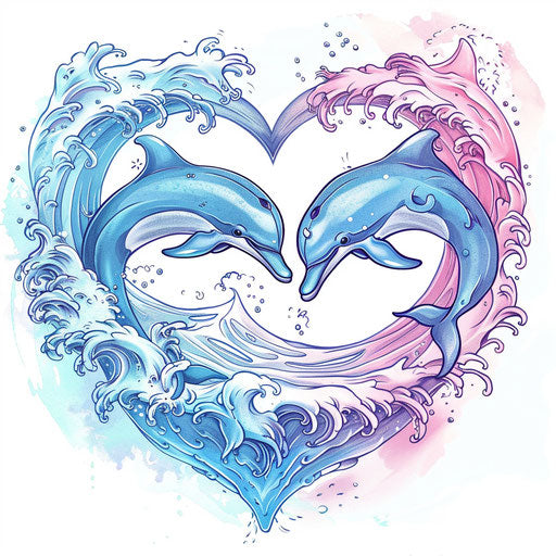 Romantic tattoo of two dolphins jumping over a heart wave