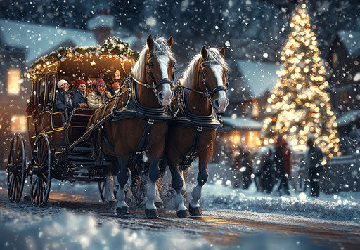 A beautiful festive Christmas scene with majestic horses pulling an elegant carriage filled with people, surrounded by snowflakes and a snowy landscape with houses in the background.
