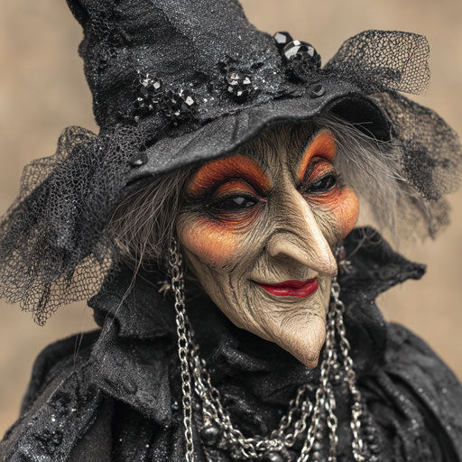 Witch doll in an elaborate outfit with an unsettling smile