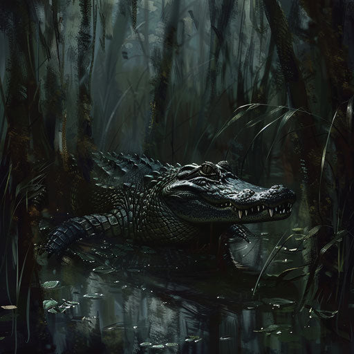 Stealthy hunting crocodile in dense swamp