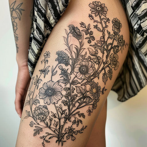 Detailed floral thigh tattoo