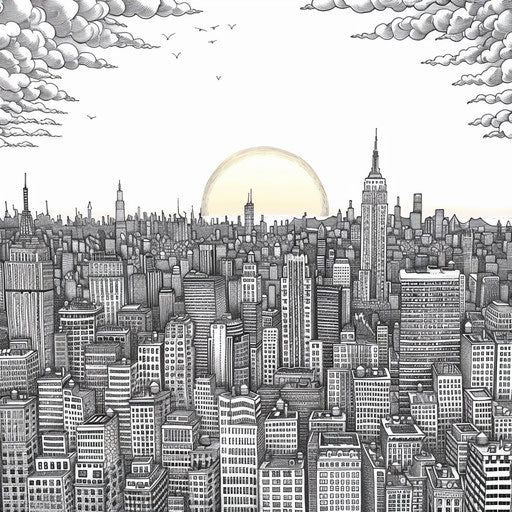 Sunset over the city, coloring book page