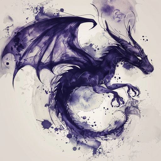 Elegant flat tattoo sketch with watercolor effects of a black dragon in flight