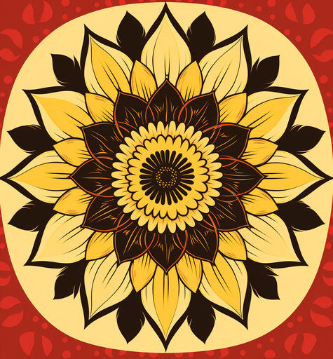 Sunflower mandala in Balinese style, traditional motifs, dark yellow and dark brown
