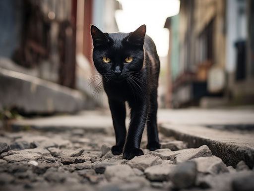 A black cat walks across a small street with stones using expressive body language