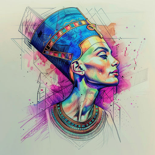 Peaceful flat tattoo sketch of Nefertiti in meditative pose
