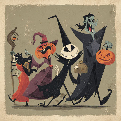 Classic Halloween Characters Parade in Cartoon Style