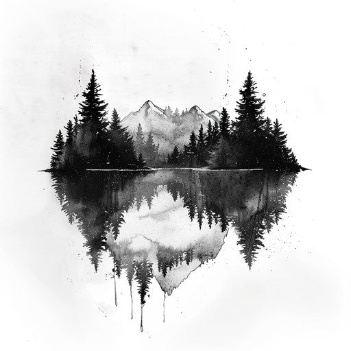Black and grey forest with serene lake on white backdrop