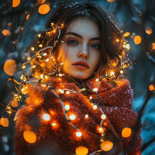 Whimsical outdoor photoshoot with a model wrapped in bright Christmas lights, the night adding a mysterious allure.