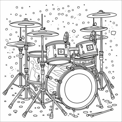 The drum set with cymbals and drumsticks. Coloring book page