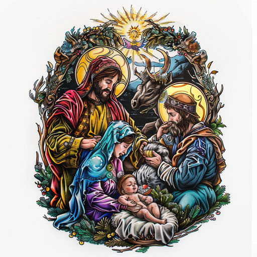Biblical Nativity scene as vibrant color tattoo