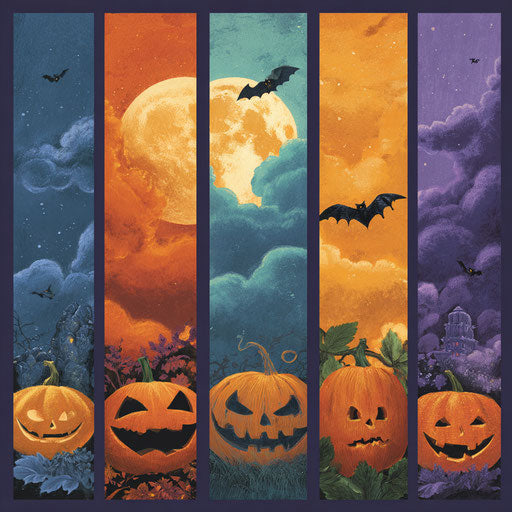 Five Colorful Halloween Panels with Pumpkins and Bats