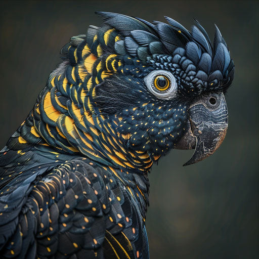 Curious black cockatoo with yellow tail