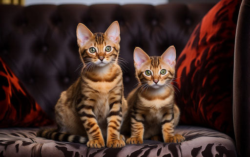 Two bengal kittens on a couch, light maroon and dark gold