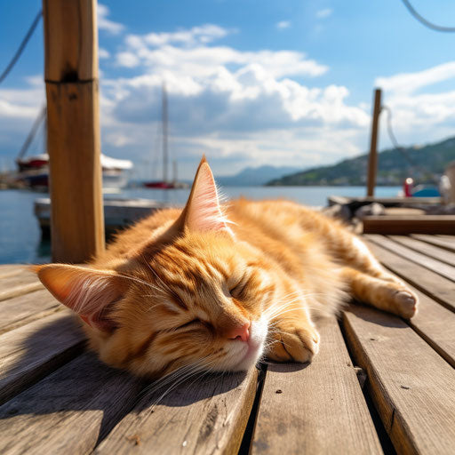Manx cat lying on a dock