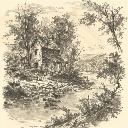 Vintage flat tattoo sketch of a riverside with children playing by an old mill