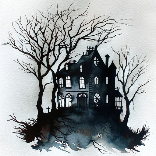 Creepy haunted house with dead trees, horror tattoo art on white