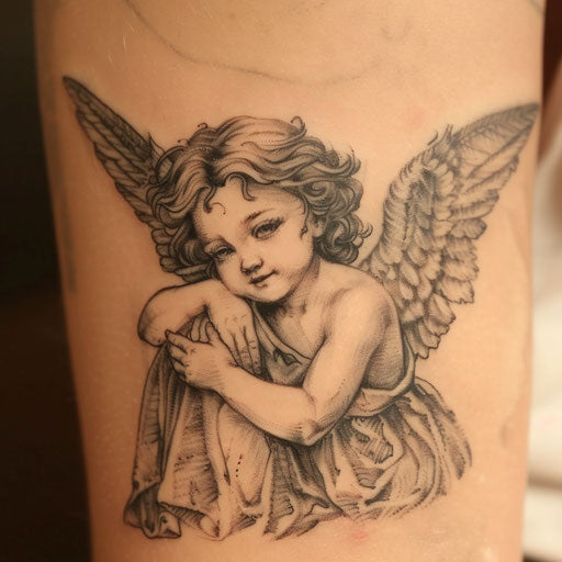 Cherubic guardian angel tattoo on white background