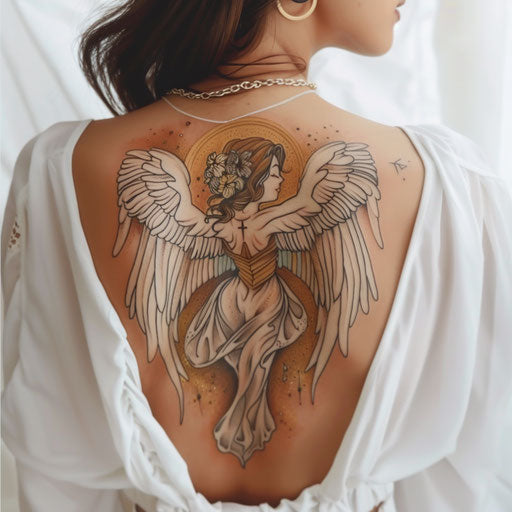 Angel with white and gold wings on white canvas