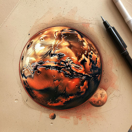 Detailed tattoo sketch of Mars with realistic textures in red and orange tones