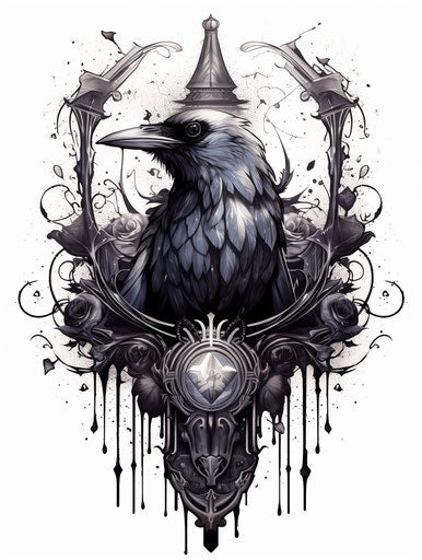 Black and white crow tattoo, cosmic and victorian style