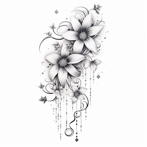 Black and white image of flowers with stars and beads