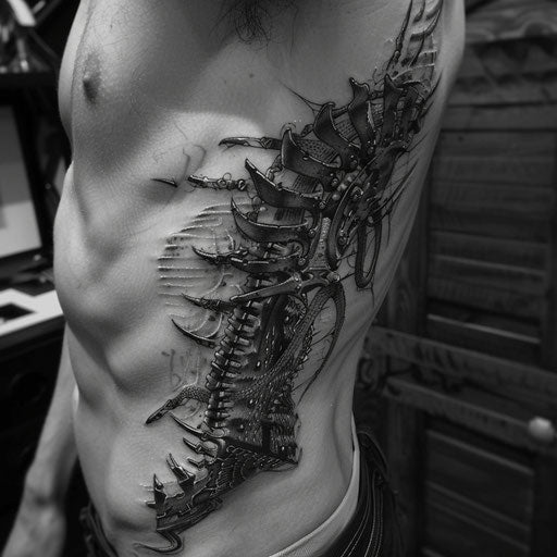 Rib tattoos for men with mechanical elements