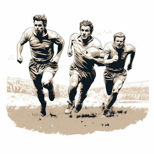 Classic footballers running on the field, meticulous inking style