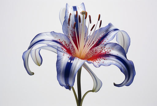 Blue lily on white background, hyperrealistic portrait style, red and indigo