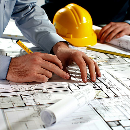 Architect and engineer collaboration on blueprints